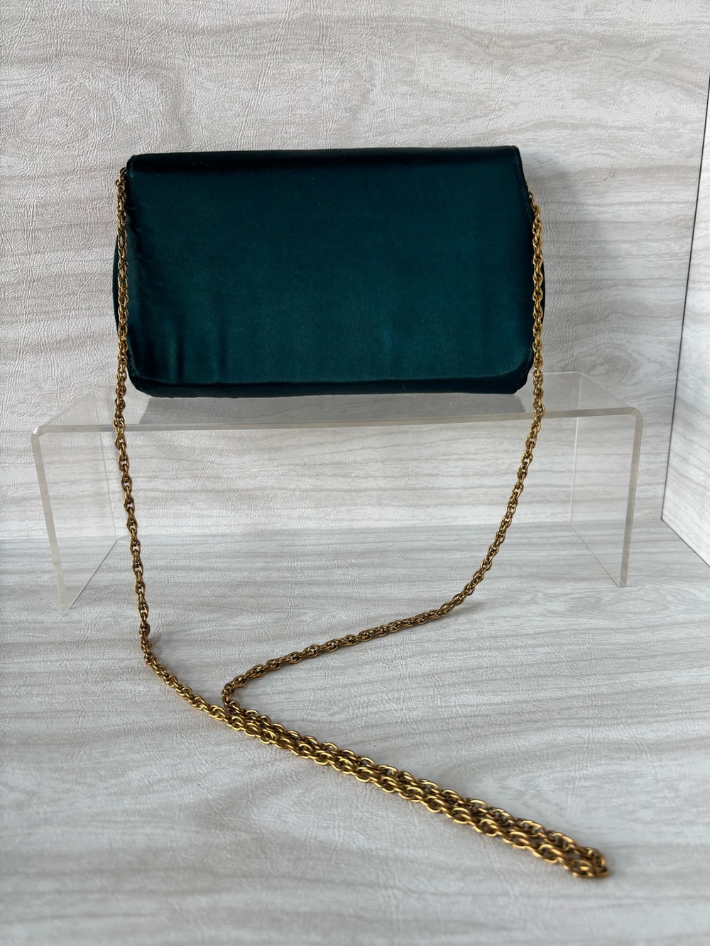 Vintage Teal Satin Evening Clutch Purse Gold Chain Strap Formal Shoulder Bag - Picture 3 of 7